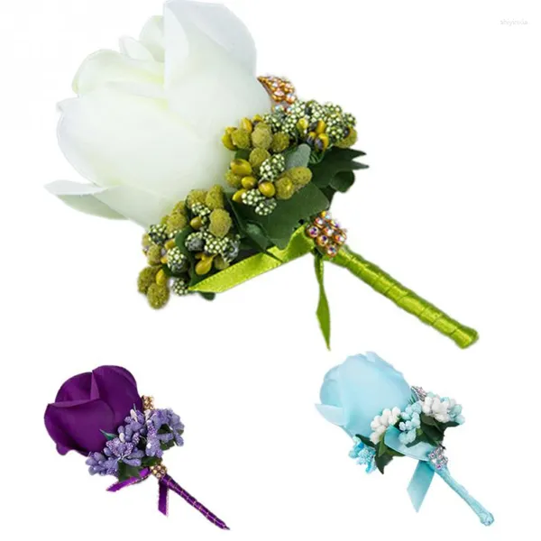 Dekorative Blumen Hochzeit Bouquet künstliche Rosenblau Brosche Corsages Glitter Strass Ribbon Spitze Klassische Prom Boutonniere Pins Dekor Dekor