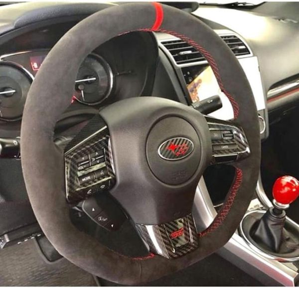 Capa de volante de carro costurada à mão, camurça preta, couro vermelho, costura para subaru wrx e sti 201520202799174