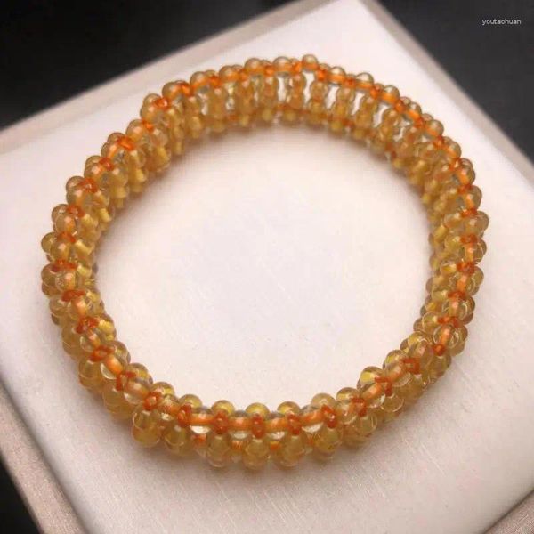 Strand genuíno natural amarelo cristal grânulo elástico pulseira pedra preciosa pulseira feminina cura jóias cristais citrino amplo amuleto