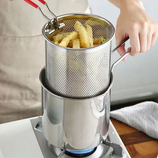 Aço inoxidável frigideira profunda filtro de óleo tempura batatas fritas fritadeira filtro frango frito pan cozinha cozinhar ferramenta yfa1885