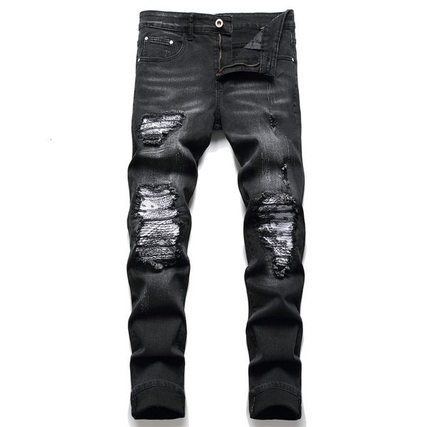 Homem, Paisley Bandana Print Patch Jeans Streetwear Patchwork Hole Ripped Stretch Pants Denim