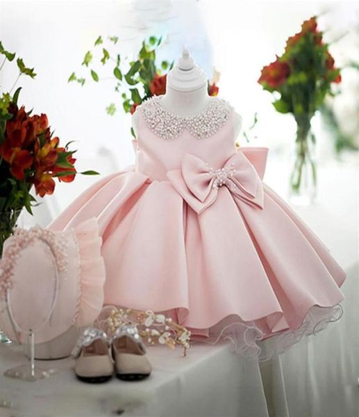 Girl039s vestidos de casamento branco cetim princesa bebê meninas grânulo arco festa de aniversário vestido infantil para menina gala criança roupas2175336