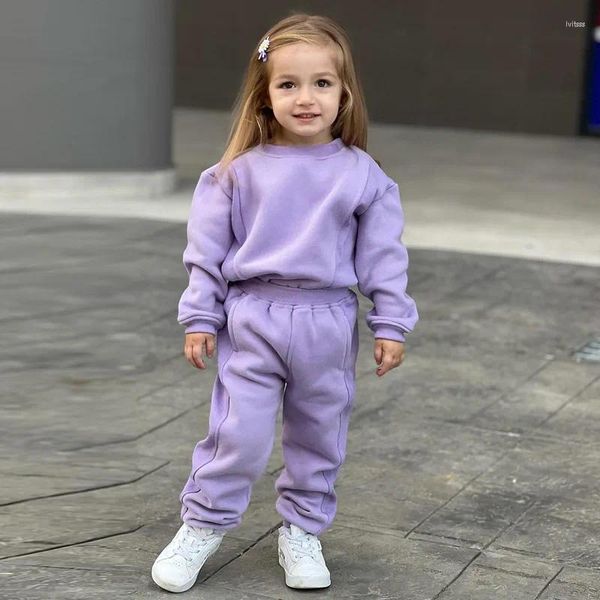 Giyim Setleri 2023 Çocuk Toddler Kızlar Giysileri Pantolonlar 2 PCS Kalın Polar Mürettebat Boyun Sweatshirts Joggers Spor Takımları Y2K Çocuklar