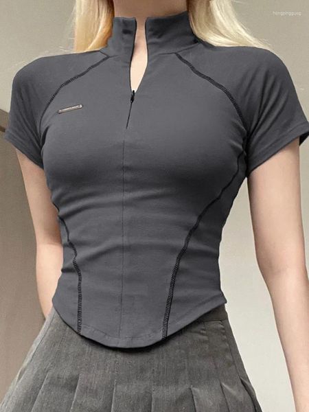Damen T-Shirts Y2k Metal Crop Top Reißverschluss Grau Kurzarm Biker Moto T-Shirt Koreanische Mode Streetwear Shirt Grunge Chic Outfits 90er Jahre