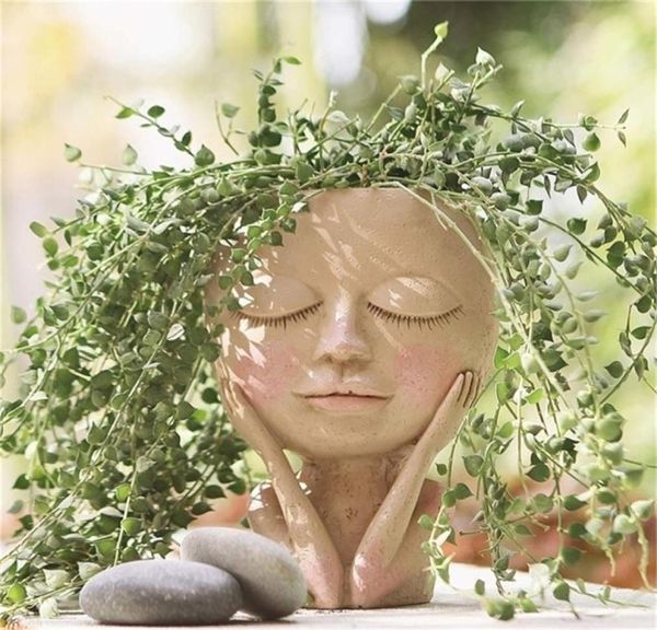 Girls Face Head Flower Floro Floro Contenitore succulento Provini Figura Figura da giardino Ornamento da tavolo Nordico H5 2205279396567