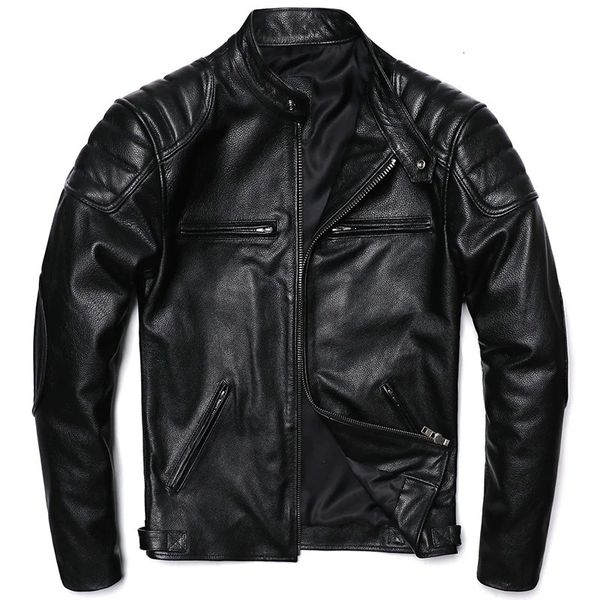 Clássica motocicleta jaqueta de couro genuíno dos homens natural do couro magro moto pano bezerro pele jaquetas ásia tamanho S-6XL 231228