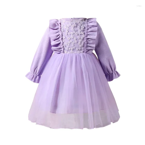 Платья для девочек Pudcoco, осеннее платье принцессы из тюля с длинными рукавами и круглым вырезом в стиле пэчворк, трапециевидной формы с 3D цветочным декором, От 3 до 7 лет
