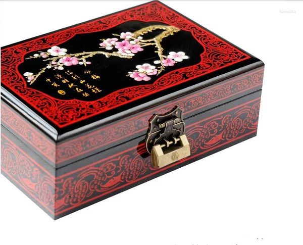 Garrafas 2 camadas lacqueware chinês decorativo caixa de armazenamento vintage de madeira com bloqueio de bloqueio Jóias Conjunto de casamento Cosmético de presente de casamento