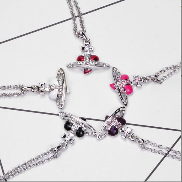 Halsketten mit Anhänger Love Emaille-Farbe mit eingelegter Diamant-Saturn-Halskette, Schlüsselbeinkette, Pulloverkette für Frauen