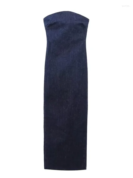 Sıradan Elbiseler Qfaf Kadın Moda Straplez Bodycon Midi Maxi Uzun Denim Mavi Elbise Vintage Sırtsız fermuar Geri Kot Kot Vestidos