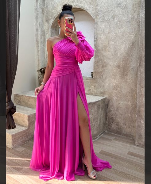 Eleganti abiti da sera in chiffon rosa caldo lungo con fiore giallo a-line una spalla a pieghe da ballo da ballo da ballo abito da ballo per donne