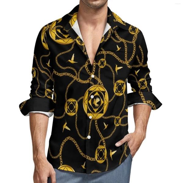 Camisas casuais masculinas camisa de estampa de cadeia de tendência Design dourado de manga longa blusas gráficas Spring y2k roupas de tamanho grande