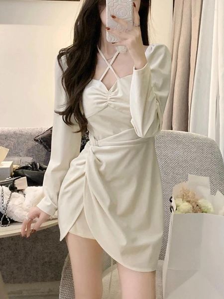 Vestidos casuais 2023 Autumn Elegant Velvet Mini Dress Women Women Sexy Slim Y2K Clothing Pure Color One peça Moda coreana Manga longa