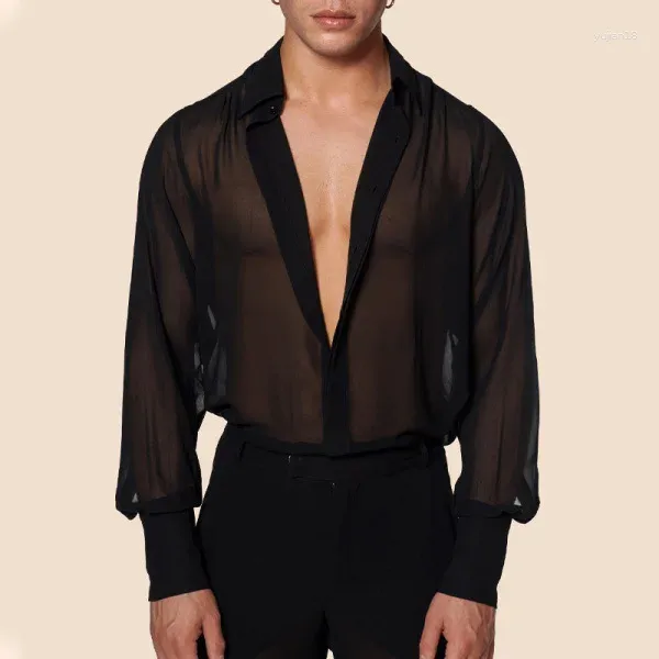 Herren Freizeithemden Mesh Sheer Sexy V-Ausschnitt Langarm Button Up Paty Tee Top Atmungsaktive Night Show Clubwear Tops