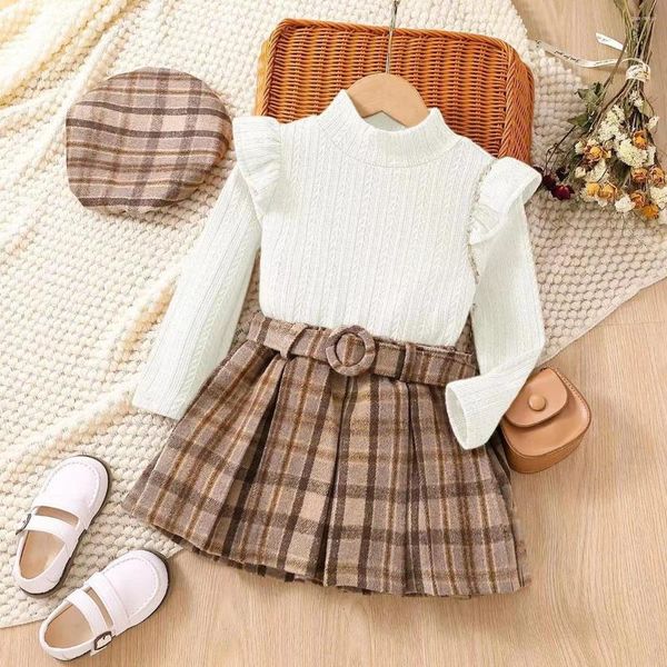 Conjuntos de roupas 18m-6t meninas vestido tricô crianças terno inverno mangas compridas princesa tops xadrez saia plissada chapéu roupas suéter roupas