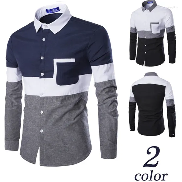Camisas casuais masculinas camisa de correspondência de cor oxford retalhos moda coreano versátil magro não-passar para homem