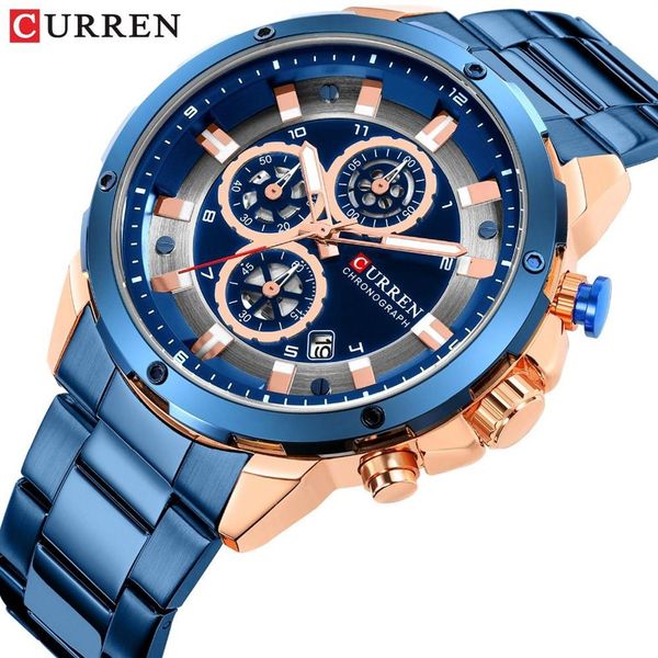 Relógio de marca de luxo masculino curren nova moda casual esportes relógios quartzo banda aço inoxidável relógio de pulso masculino relo3093