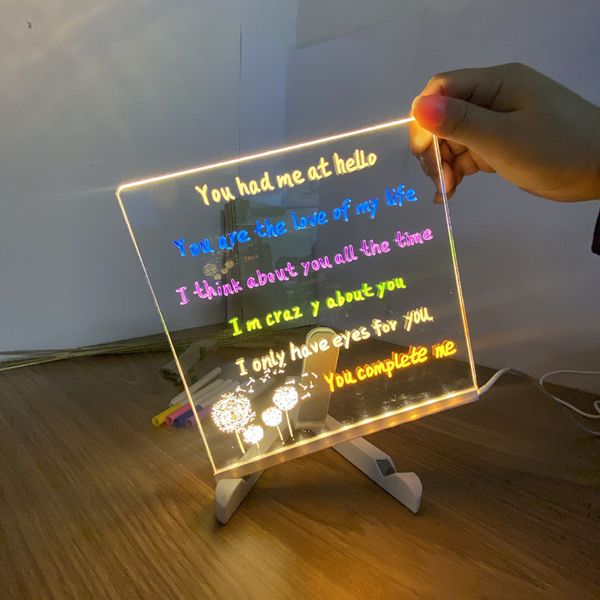 Placa de mensagem transparente para escrita luminosa, luz 3d, folhas de acrílico transparente, tela de led, grafite, bloco de desenho com caneta para escritório