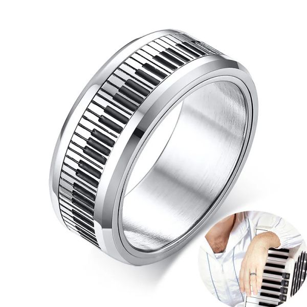 Elegante anello da uomo con spinner per fascia da pianista in oro bianco 14 carati, gioielli per appassionati di tastiera musicale