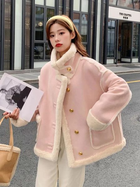 Mulheres Trench Coats Rosa Sherpa Cashmere Jaqueta Senhoras Curto Inverno Pele Cor Sólida Solta Costura Manga Longa Pequeno Estilo Coreano