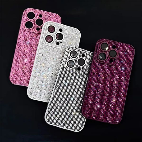 Proteção completa da lente Glitter Rhinestone Caso para iPhone 15 14 12 11 13 Pro Max 14 15Pro Shiny Diamond Choffrof Bracks Topa traseira