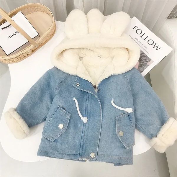 Autunno Inverno Spessore Caldo Capretto Cappotto di jeans Neonate Carino Orecchie di coniglio Con cappuccio Velluto Pelliccia Giubbotti Capispalla Bambini Cappotto 1-6Y 231228