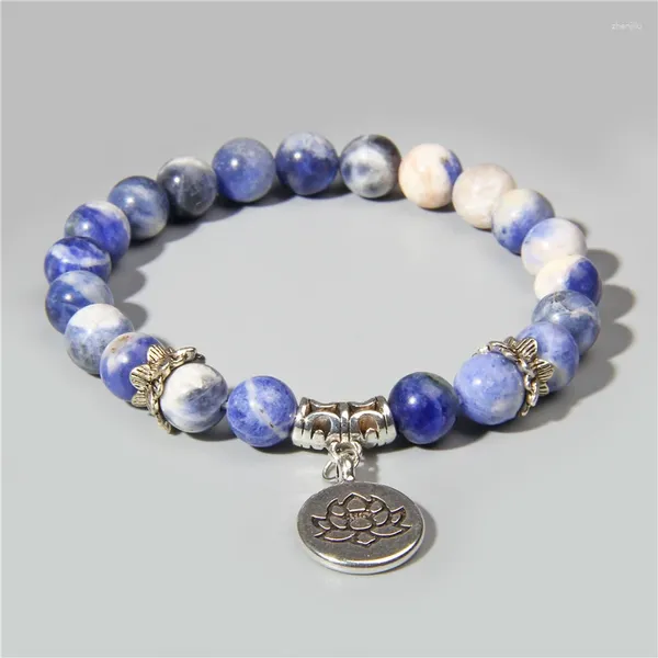 Strand Natural Stone Bracelet Blue Sodalite Contas Silver Color Lotus Charm Bracelets Mulheres Oração de Mala Reiki Pulsera Jóias por atacado