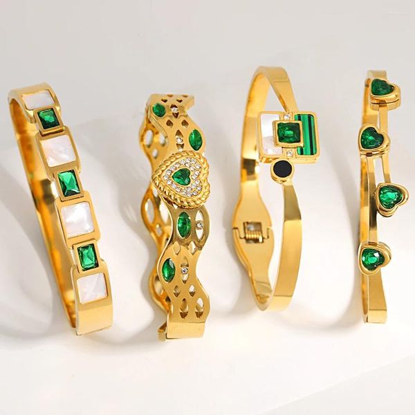Pulseira de aço inoxidável de zircão verde esmeralda para mulheres chique amor coração geométrico ouro cor manguito empilhável jóias