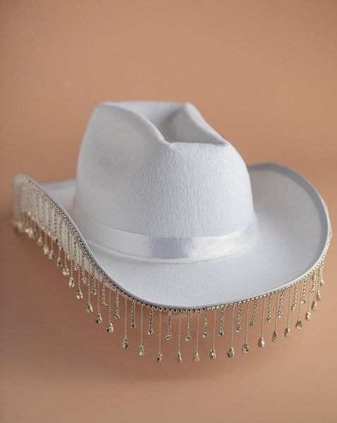 Chapéus largos da borda Diamante branca Fringe Bride Cowgirl Hat Sra. Cowboy Bridesmaid Gift Bridal Summer Country Western Hatwide5437174