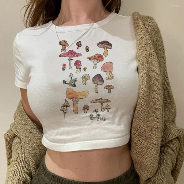 Camisetas femininas Cogumelos 90s Goth Hippie Crop Top Girl Gothic Yk2 Cyber Y2k Fairycore Camisetas Roupas