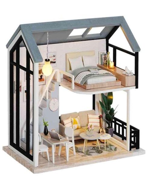 CUTEBEE DIY Puppenhaus-Set, Puppenhäuser aus Holz, Miniaturmöbel mit LED-Spielzeug für Weihnachtsgeschenk QL02 2109104880848