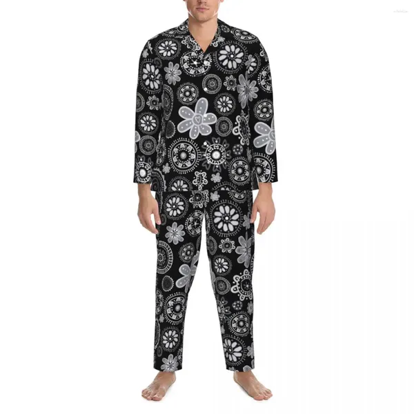 Erkekler Sweetwear Soyut Ditsy Floral Pijama Seti Bahar Siyah Beyaz Rahat Günlük Çift 2 Parça Sıradan Büyük Boy Özel Nightwear