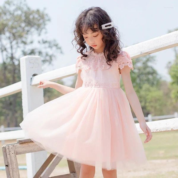 Vestidos da menina elegante meninas vestido de princesa verão 2023 crianças manga curta branco rosa renda para grande festa à noite roupas 5-12year