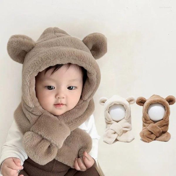 Beralar Kahve Sıcak Soy Cap Hat Eşarp Bebek Bebek Moda Kawaii Karikatür Ayı Kulak Gölge Peluş Peluş Isıtma Toddler