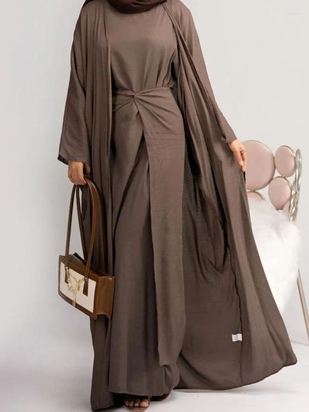 Etnik Giyim 3 Parça Abaya Kimono Eşleşen Müslüman Set Keten Açık Abayas Kadınlar için Dubai Türkiye Türkiye Elbise Sarma Etek İslami Mütevazı