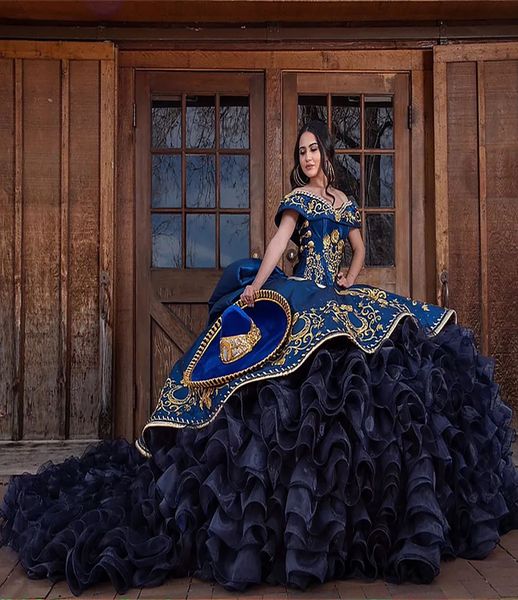 Quinceanera elbiseler koyu mavi parti balo balo balo elbisesi özel fermuarlı dantel artı artı boyutu yeni vestido de tatlı 15 omuzlu saten organze altın nakış için