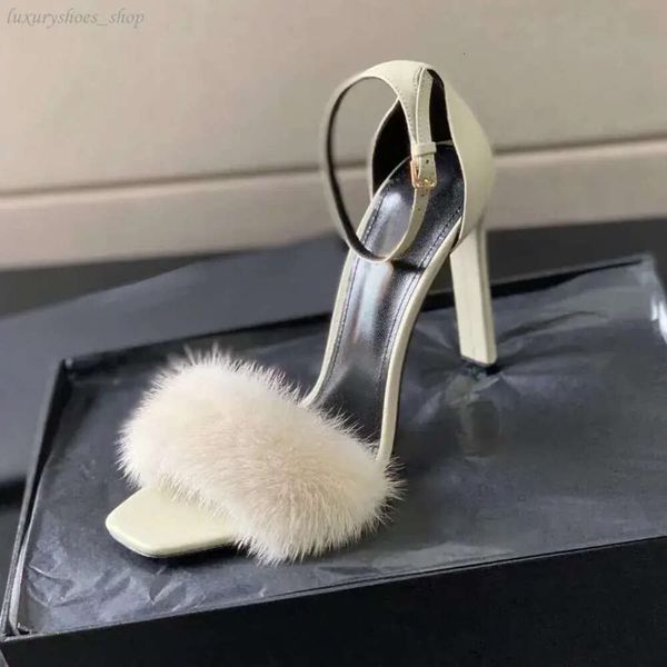 Pele com couro tornozelo cinta sandálias de salto alto vison cabelo nu saltos stiletto tornozelo envoltório mulheres festa 10.5cm jantar sapatos designers fábrica sapatos de grife