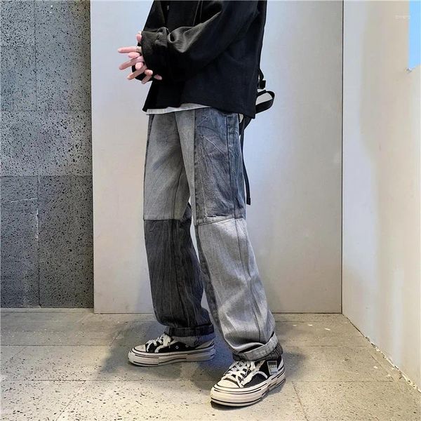 Мужские джинсы, модные джинсовые широкие брюки в корейском стиле, осень 2024, свободные прямые брюки со вставками, мужские брюки