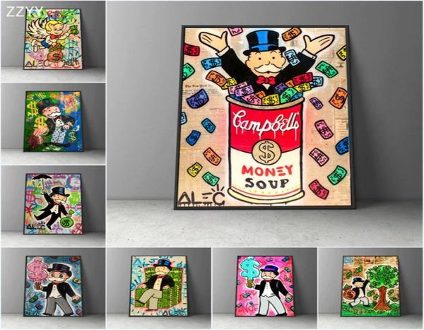 Graffiti Opere d'arte Alec Monopoly Rich Man Dollari Soldi Pop Art Canvas Poster Pittura Cartoon Street Art Wall Pictrue Home Decor6741730