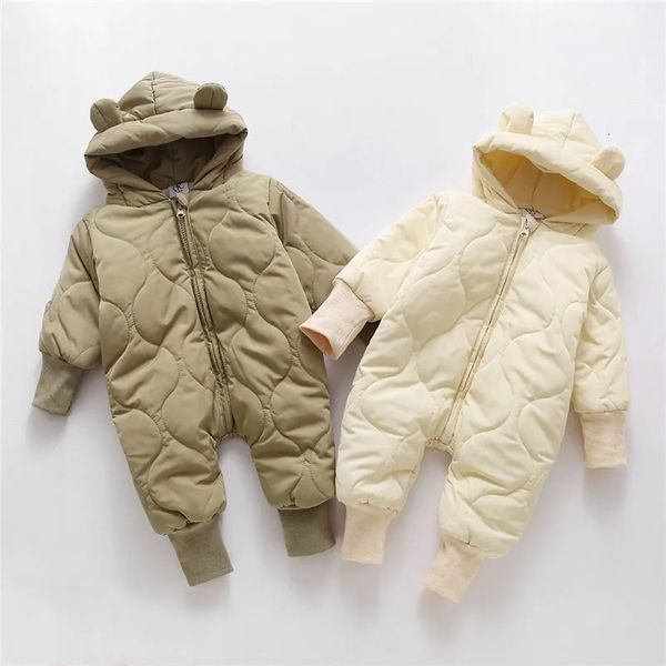 0-2y Baby Dicke Voll Strampler Mädchen Nette Bär Ohr Mit Kapuze Zipper Baumwolle Kleidung Kleinkind Jungen Warm Halten Einfache Overall 231228