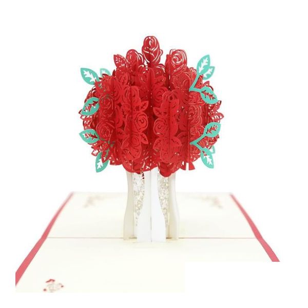 Altro giardino domestico Biglietto per incisione pop-up con rose Biglietti d'auguri creativi 3D Romantico fiore rosso fatto a mano Biglietto regalo di San Valentino Cust Dhjez