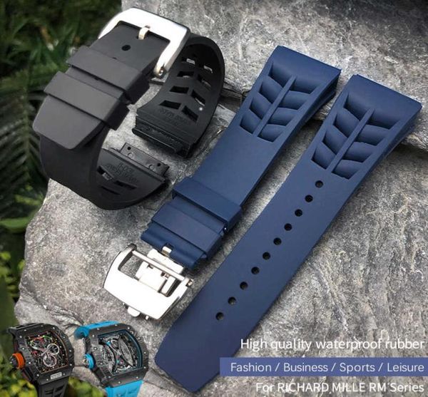 Cinturino per orologio in gomma siliconica di alta qualità da 20 mm per Richard White Blue Mille Fibbia a farfalla Cinturino morbido con foro per vite Bracciale H4506181