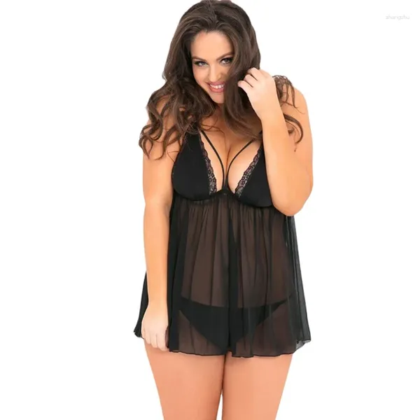 Indumenti da notte da donna Moda Sexy Reggicalze trasparente Camicia da notte in pizzo Cinghia per spaghetti Abito da notte Camicia da notte nera Lingerie da donna