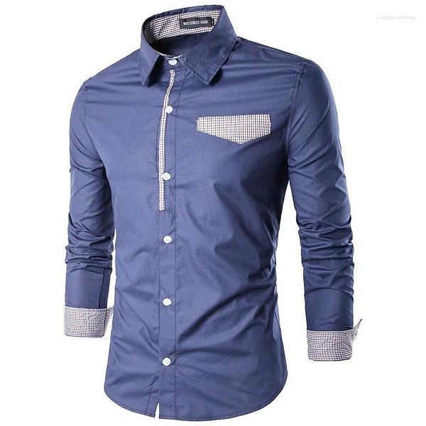 Camisas casuais masculinas moda contraste mens magro camisa de manga comprida top blusa preto azul homens estilo roupas tops