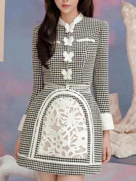 Vestidos de trabalho preto/branco xadrez elegante saia define borboleta manga comprida topo bordado renda 2023 outono em 2 peça roupa