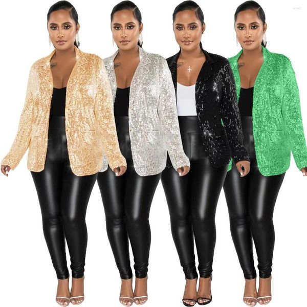 Ternos femininos feminino lantejoulas blazer jaqueta brilhante glitter faísca manga longa aberta frente trabalho escritório blazers casual lapela botão jaquetas xxl