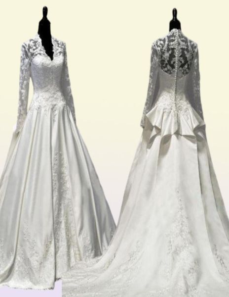 2021 Vintage Kate Middleton maniche lunghe autunno abiti da sposa ALine scollo a V avorio taffettà applicazioni peplo abiti da sposa abiti D9433015