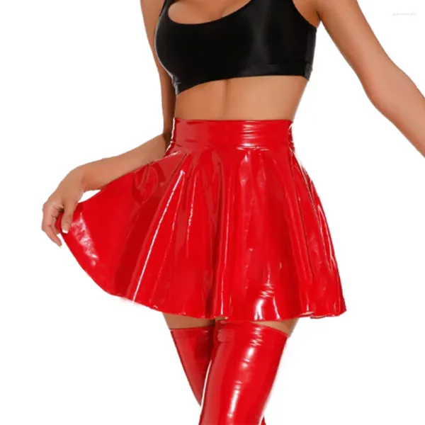 Damen-Nachtwäsche, Wet-Look, PVC-Leder, Faltenrock, sexy, figurbetont, kurz für Tanz, Clubwear, hohe Taille, Dessous, Schwarz