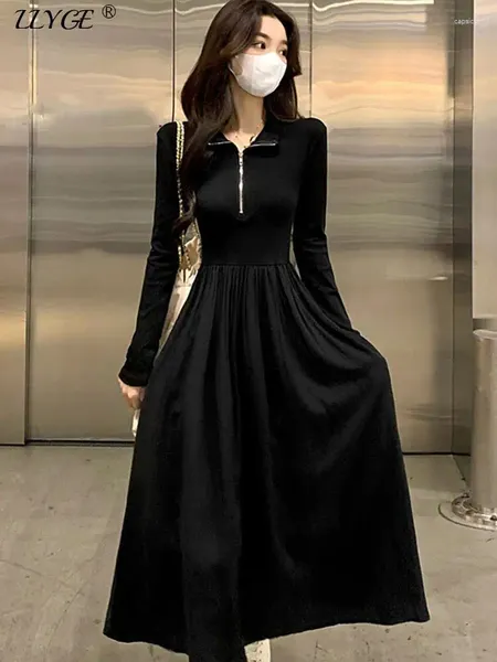 Vestidos casuais preto manga longa vestido mulheres meio zíper polo colarinho cintura alta slim fit 2023 outono moda o-pescoço senhora robe