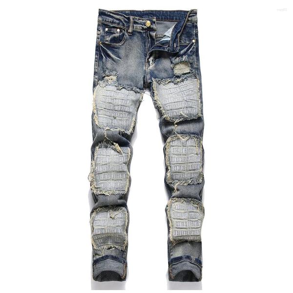 Jeans masculinos homens letras bordados denim franja remendo estiramento calças vintage buracos azuis botão magro calças cônicas